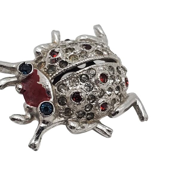 Vintage Coro Ladybug Perfume Sachet Brooch Rhinestone Tiny Bug Pin Silver Tone - Picture 5 of 11